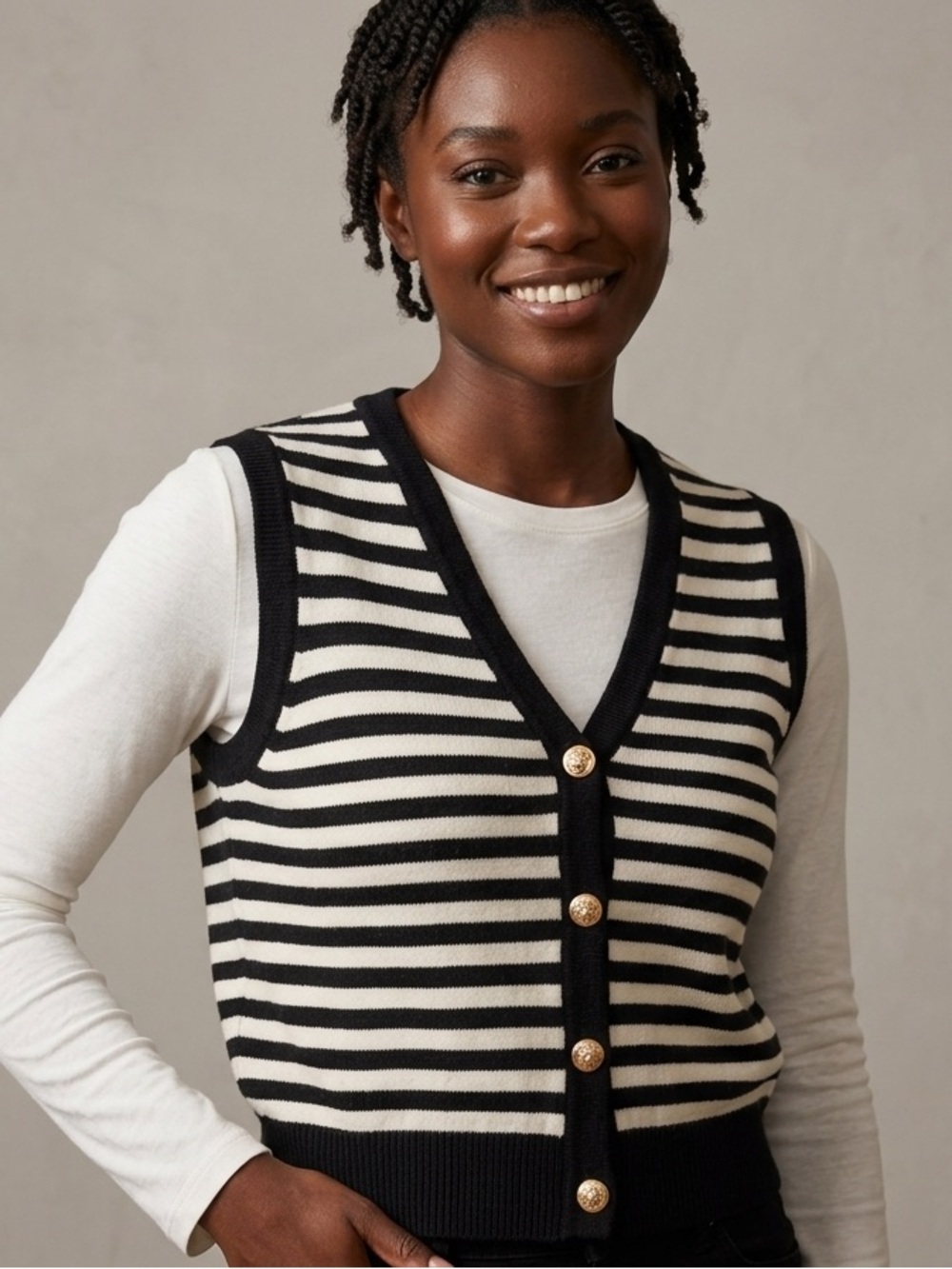 Striped Knit Button-Front Vest in Black and Cream